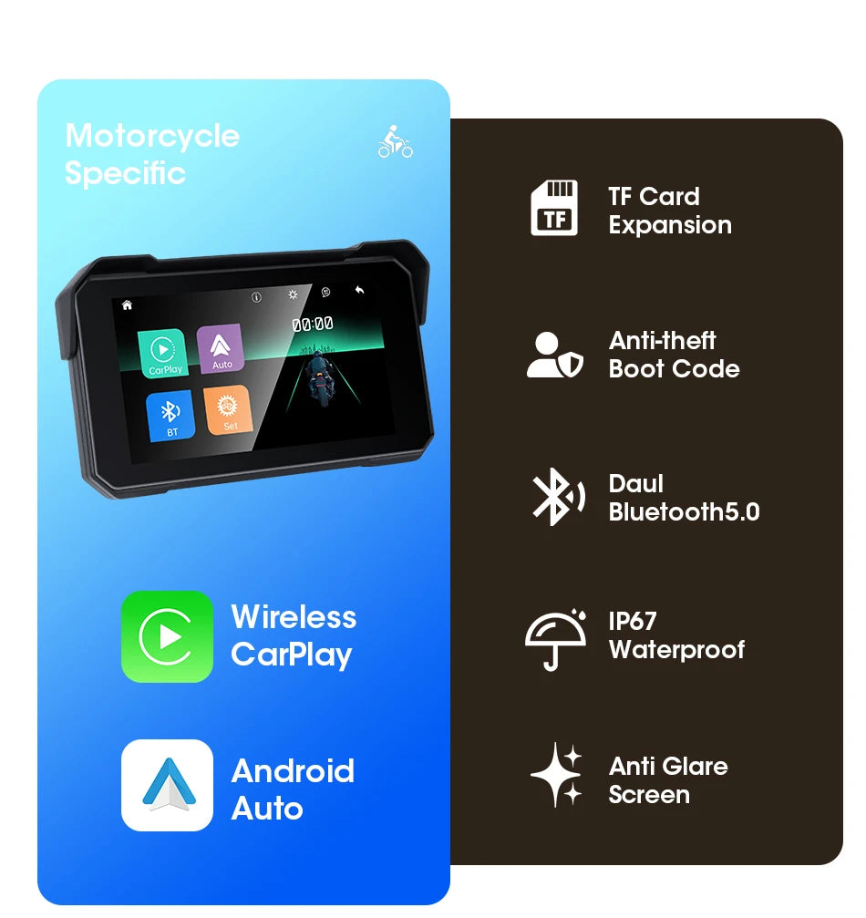 Jansite Motorcycle Display Screen Carplay Moto Navigation Portable Digital Dashboard Motobike Android Auto Waterproof BT Monitor