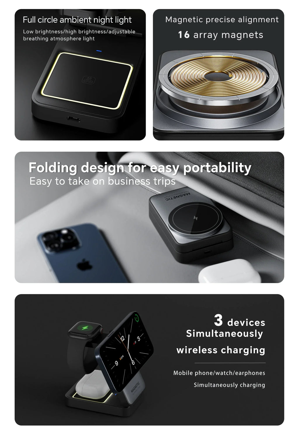 3 In 1 Magnetic Wireless Charger Stand For Magsafe iPhone 13 14 15 16 apple Watch 2-8 Airpods Pro Foldable Fast Charging Station