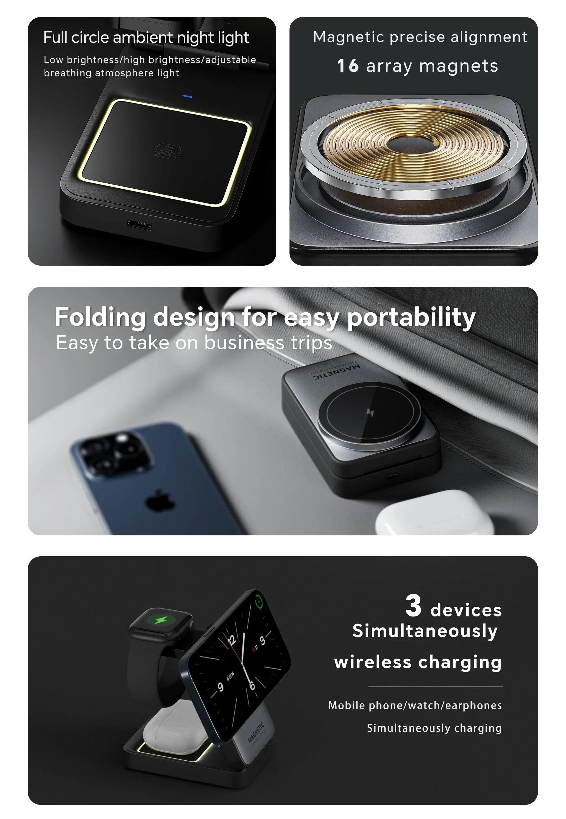 3 In 1 Magnetic Wireless Charger Stand For Magsafe iPhone 13 14 15 16 apple Watch 2-8 Airpods Pro Foldable Fast Charging Station