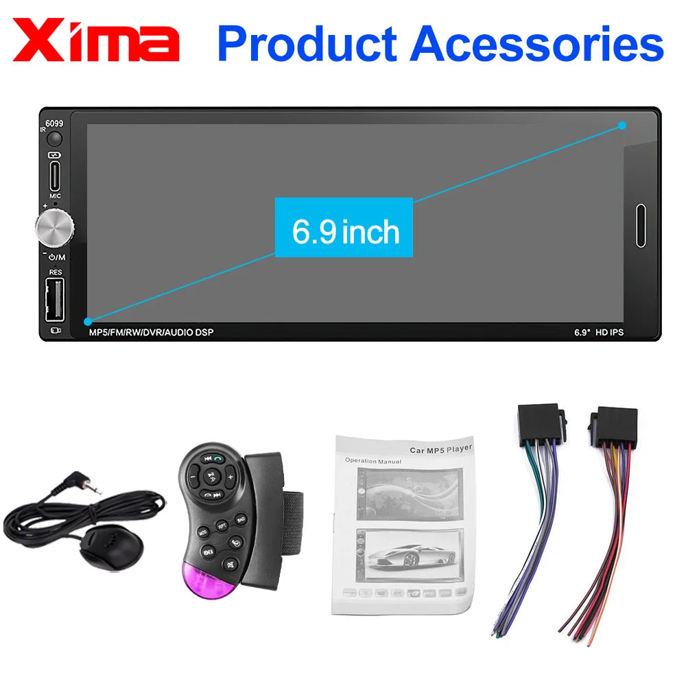 XIMA 6.9inch Car Radio Wireless CarPlay Android Auto MP5 Bluetooth FM USB IPS Touch Screen Multimedia Player Universal 1Din