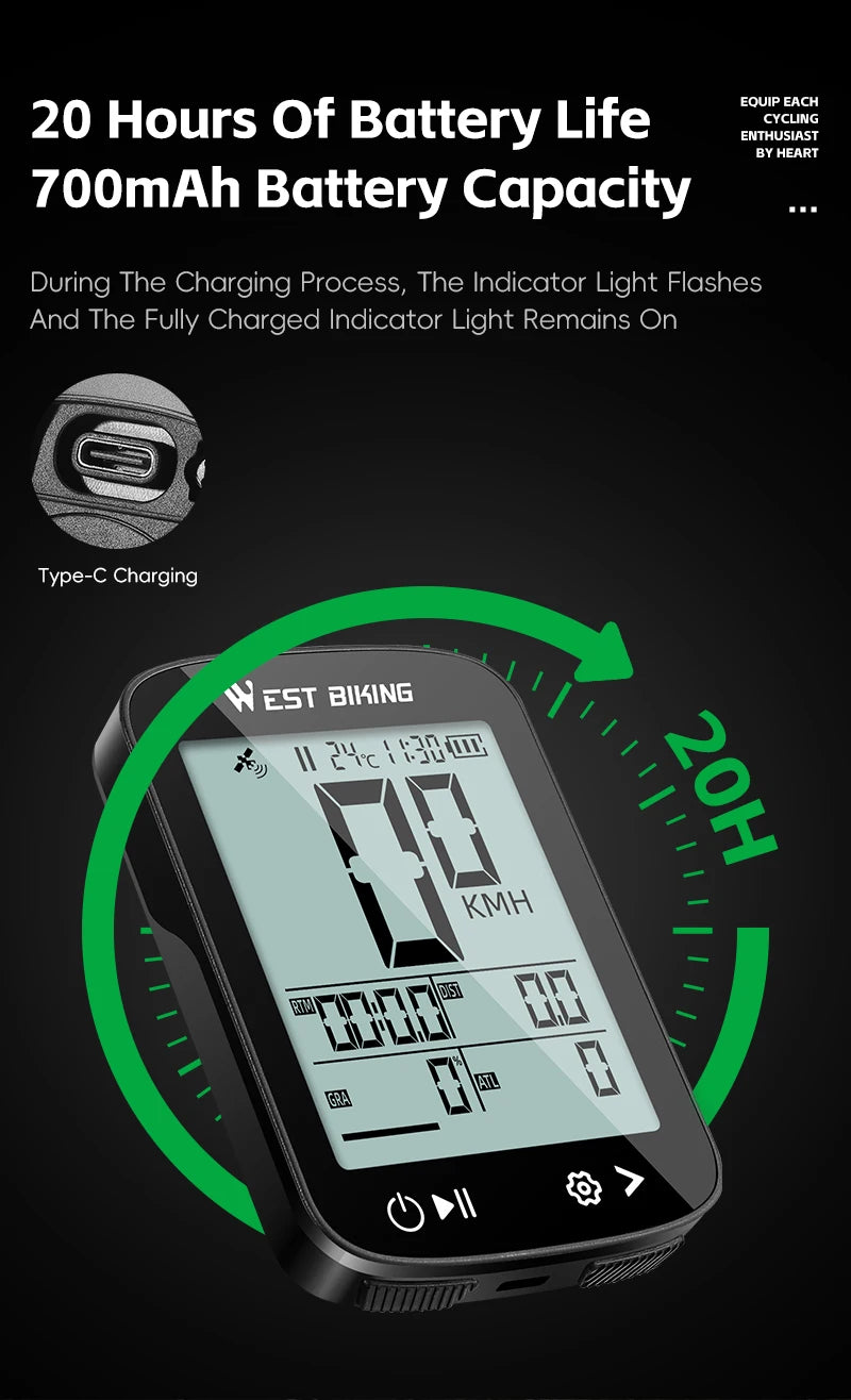 WEST BIKING Intelligent GPS Bicycle Computer Large Screen Wireless Cycling Speedometer IPX7 Waterproof Lightweight Bike Odometer