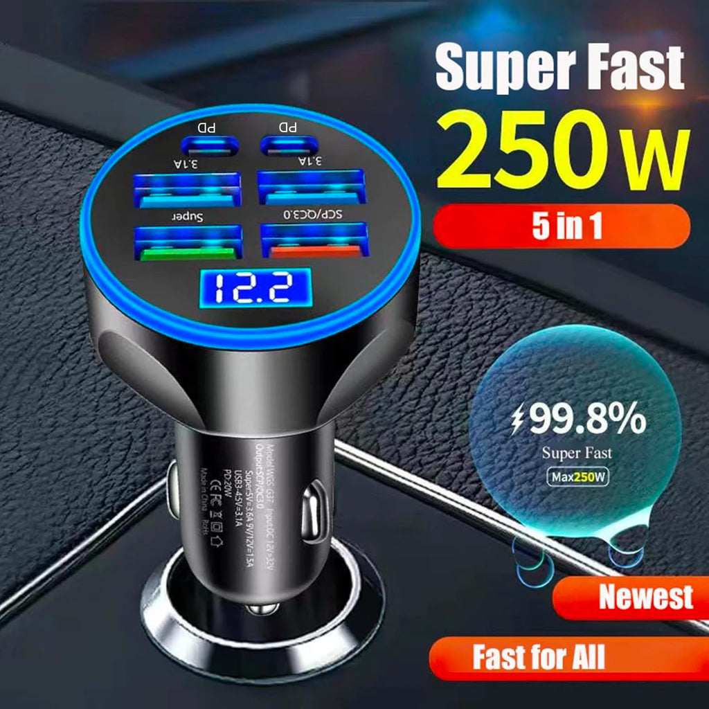UYUXIO Multi Port USB C Car Charger Adapter with Voltage Display PD 30W Super Fast Charging 6 in 1 for MacBook iPhone Samsung