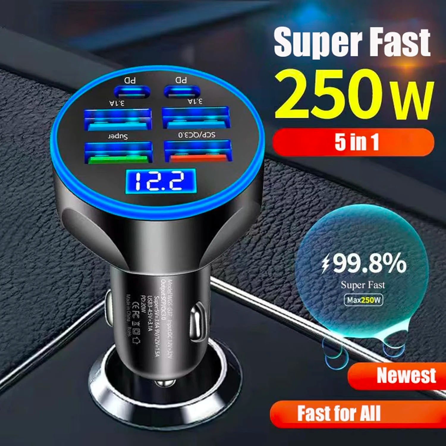 UYUXIO Multi Port USB C Car Charger Adapter with Voltage Display PD 30W Super Fast Charging 6 in 1 for MacBook iPhone Samsung