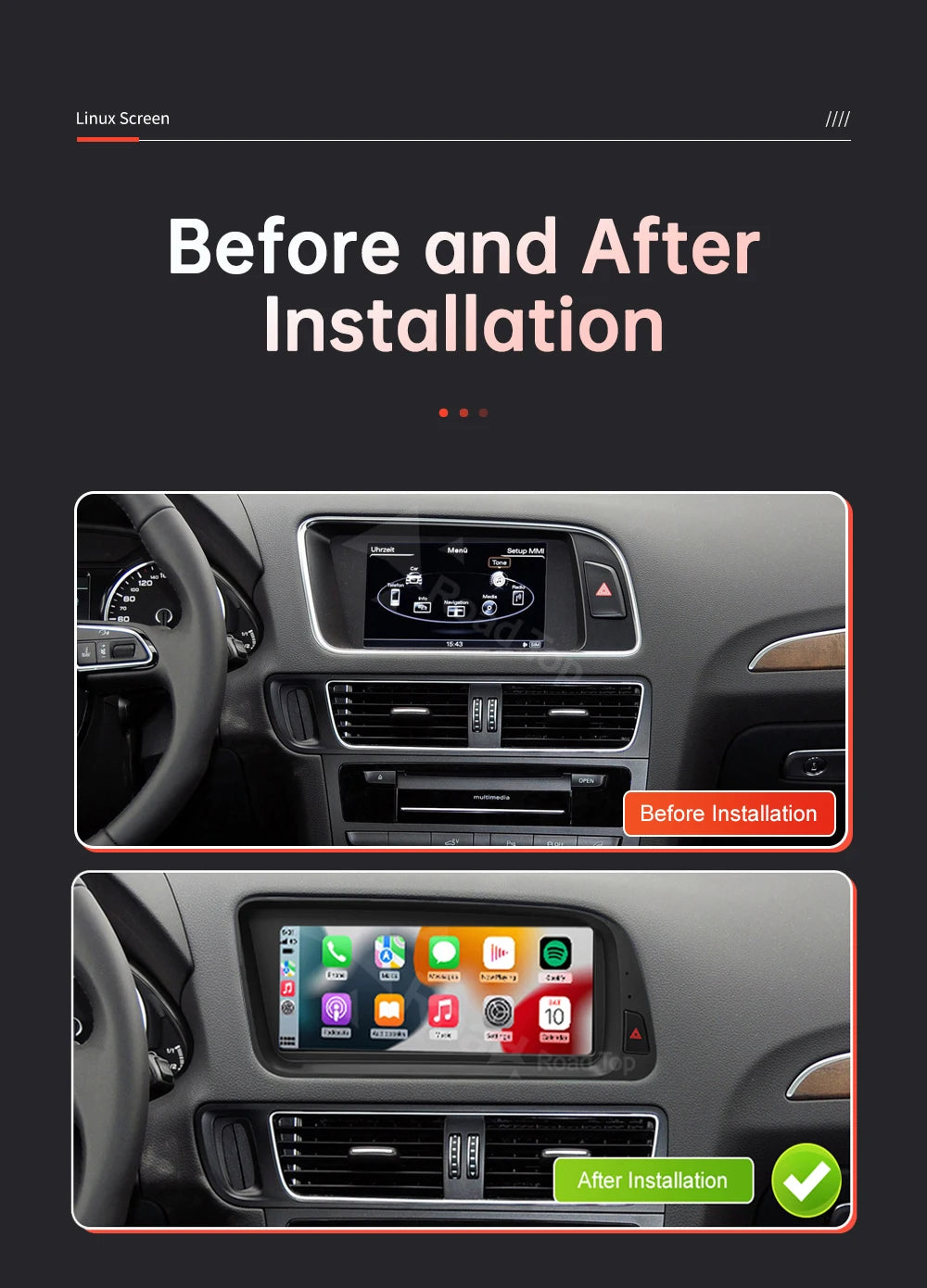 1920*720 RoadTop Linux Touch Screen Multimedia Display For Audi Q5 2009-2017 With Wireless CarPlay Android Auto Airplay Autolink