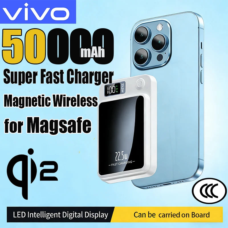 VIVO 50000mAh Magnetic Wireless Power Bank Fast Charger For Magsafe Portable Auxiliary Battery Pack For iPhone Huawei Samsung