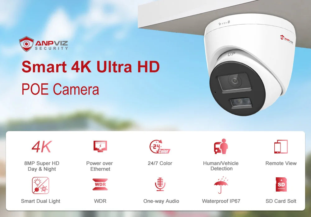 Anpviz 8MP 4K PoE IP Camera Outdoor Security Camera Color Night Vision Smart Motion Detection One-way Audio CCTV Camera H.265+