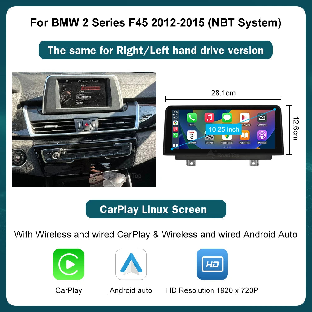 12.3 RoadTop Wireless CarPlay Android Auto Multimedia Linux Screen For BMW Series 1 2 F20 F21 F22 F23 F45 F46 NBT EVO 2012-2018