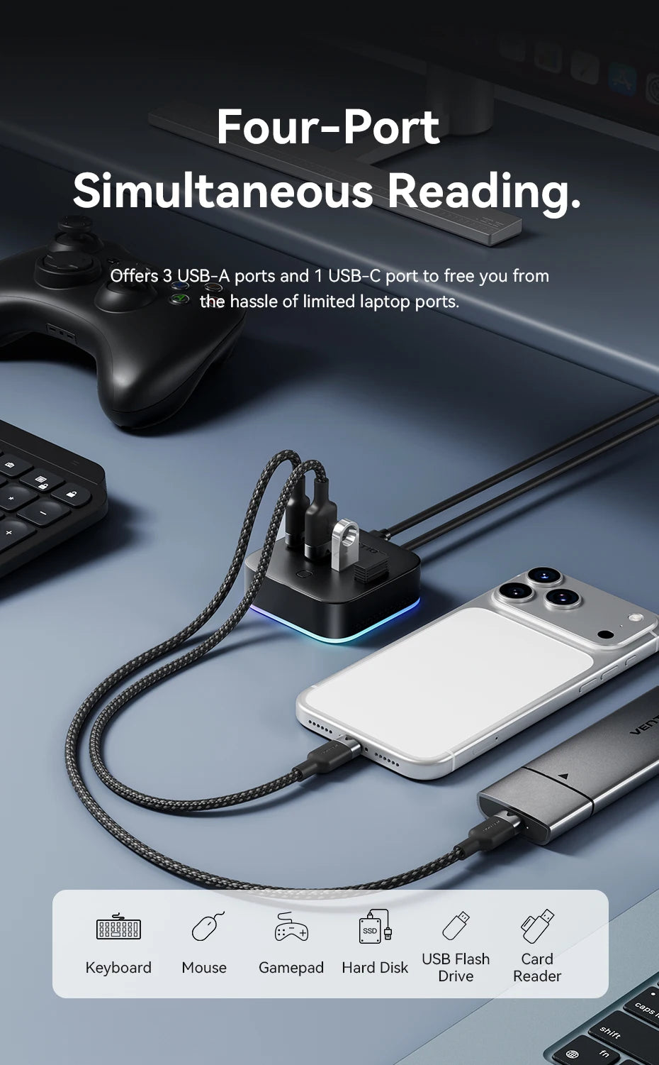 Vention USB A 3.0 HUB RGB Light Switch USB C 3.2 Gen1 5Gbps Desktop Hub Adapter for PC Laptop Accessories USB Splitter Extender