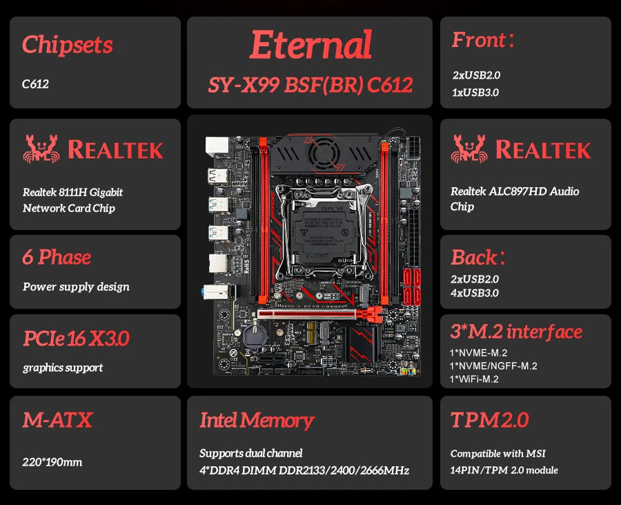 SOYO X99 Gaming Motherboard Kit C612 Chipset with Xeon E5-2682 V4 CPU & 8GB(1x8GB) DDR4 2133MHz RAM M.2 NVME SATA3 TPM2.0 Pin