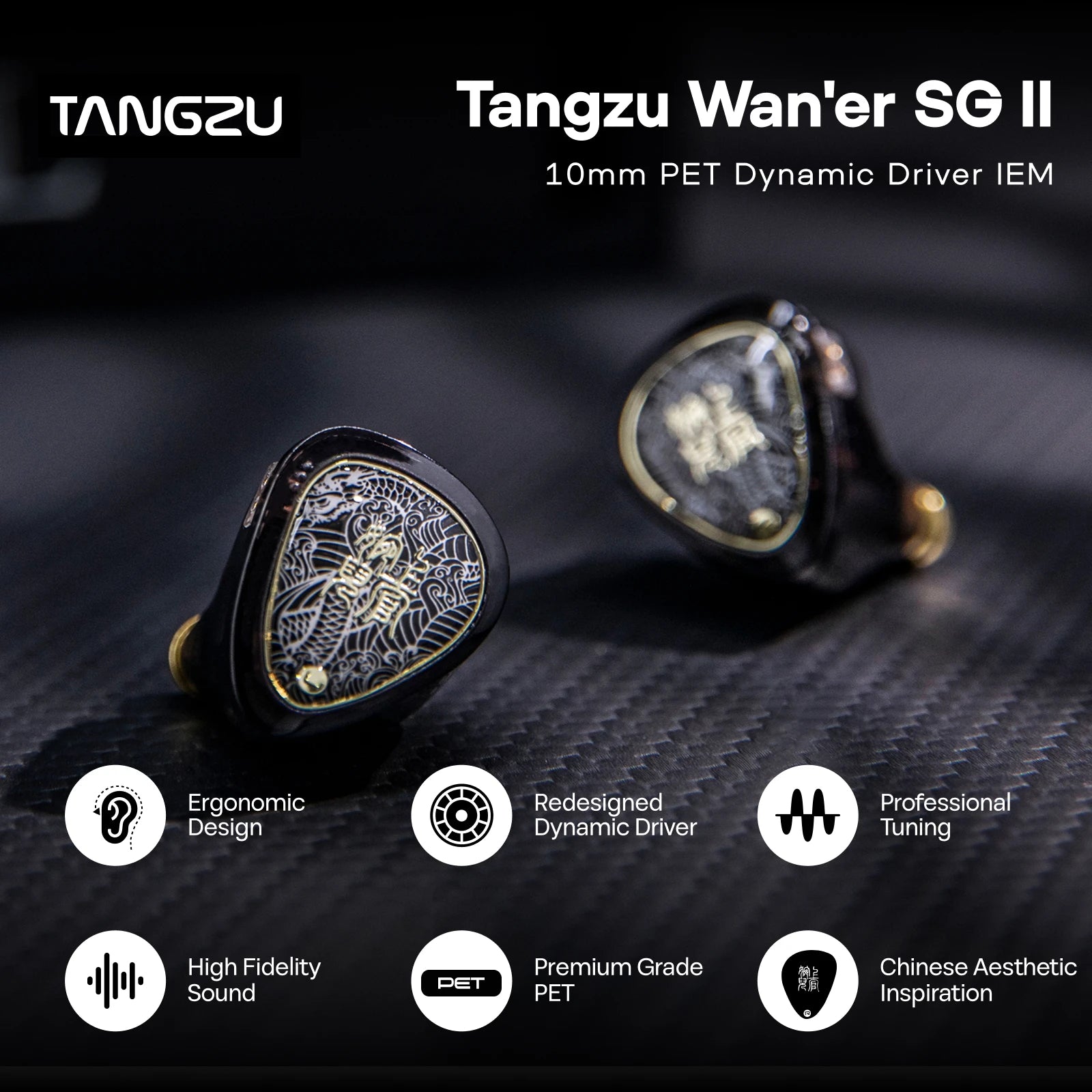 TANGZU Wan'er S.G II 10mm Dynamic Driver with PET Diaphragm IEM Earphones with 3.5mm/4.4mm/Type-C Options