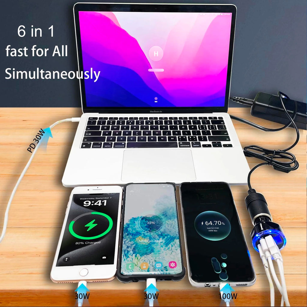 UYUXIO Multi Port USB C Car Charger Adapter with Voltage Display PD 30W Super Fast Charging 6 in 1 for MacBook iPhone Samsung