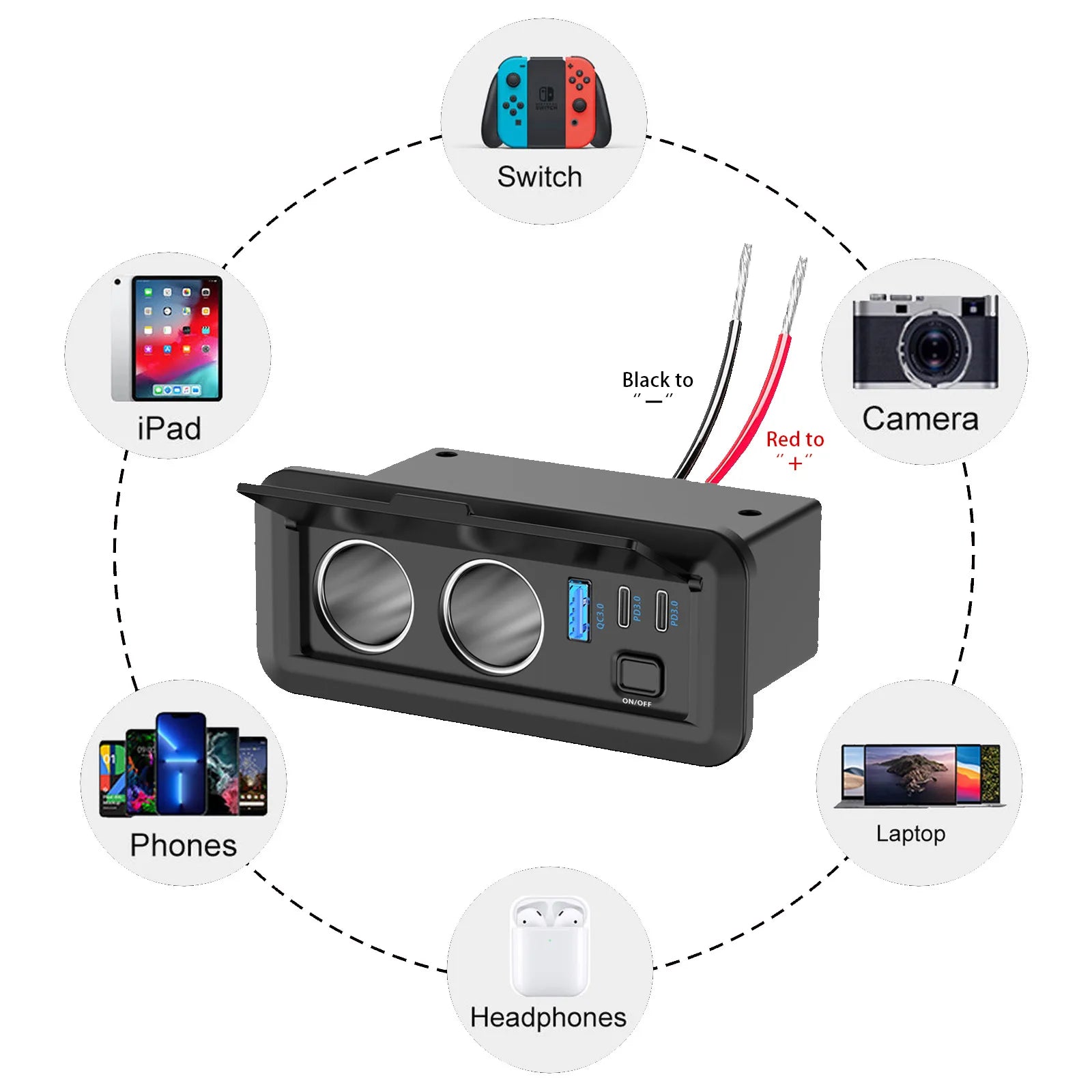 12V 3 Port Car Cigarette Lighter Socket Dual PD3.0 USB Outlet Car Charger Port with ON-OFF Switch for Marine Bus Boat Marine RV