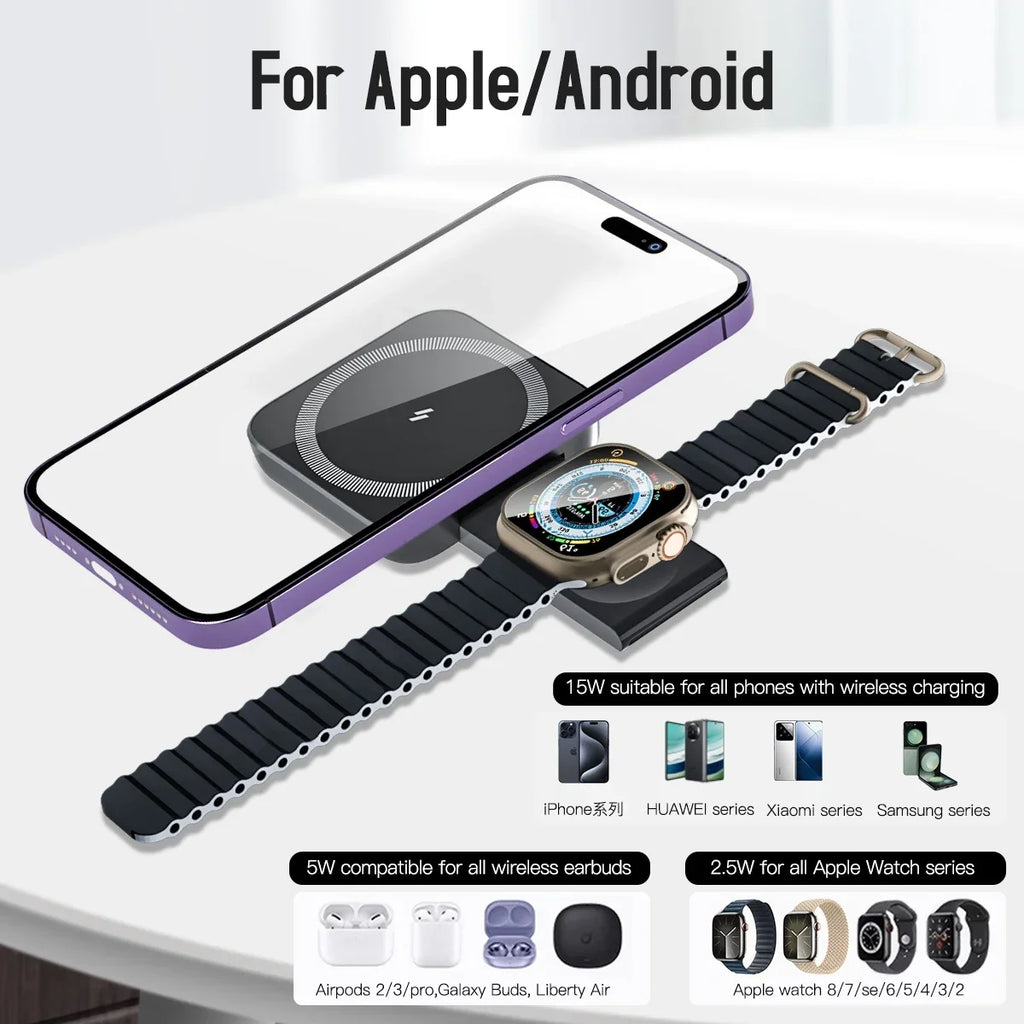 2 in 1 Foldable Magnetic Wireless Charger For Magsafe iPhone 16 15 14 13 12 Samsung Xiaomi Apple Watch 9-2 Airpods Fast Charging