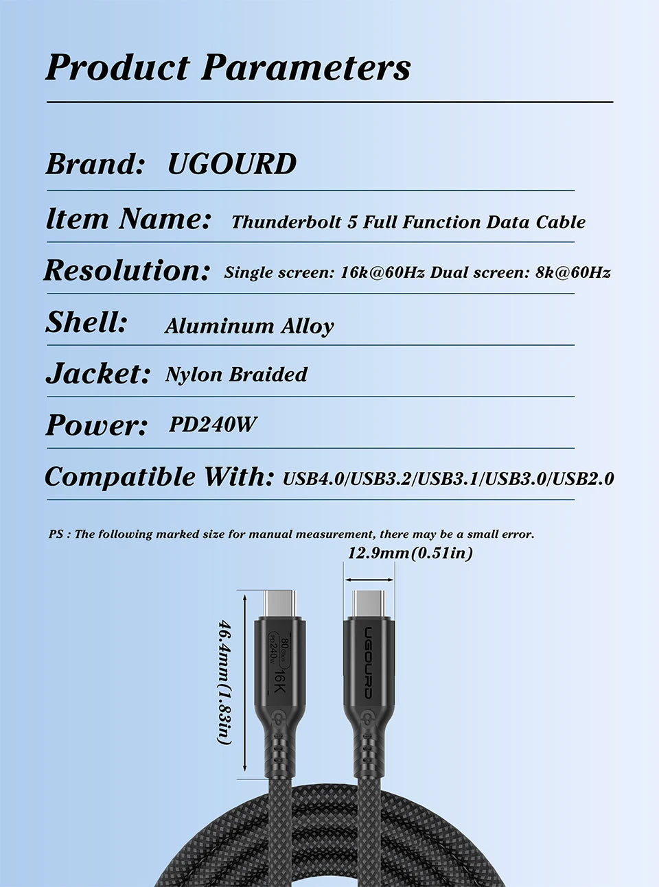 UGOURD Thunderbolt 5 Cable Type C 80Gbps USB4 Gen4 USB C to C 240W Charge Cable 16K Compatible Thunderbolt 4/3 40Gbps for eGPU