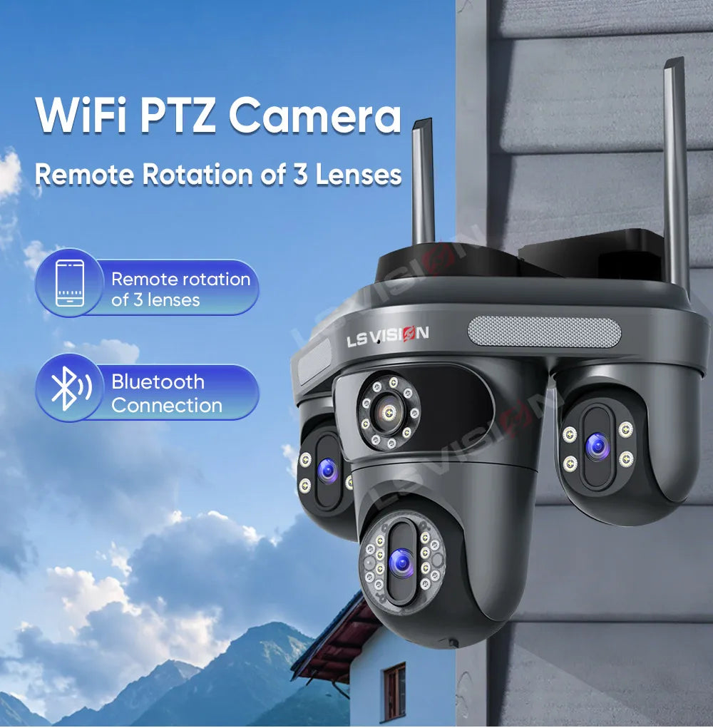 LS VISION 15MP Three Screens WiFi Security Camera Outdoor Three Lens Remote Rotation Color Night Vision Auto Tracking CCTV Cam