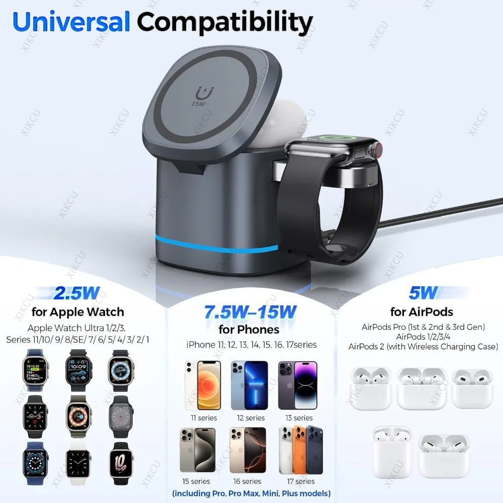 3 IN 1 15W Magnetic Wireless Charger Stand For Magsafe iPhone 17 16 Pro Max 15 14 13 12 Apple Watch 11 Airpods Pro Fast Charging