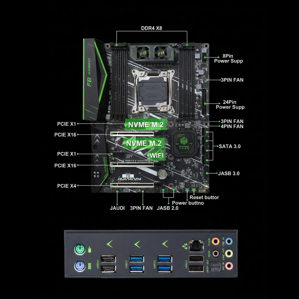 HUANANZHI X99 F8 Placa-mãe LGA2011-3 DDR4 2133MHz SATA3.0 8CH Audio Desktop Motherboard High Performance para Intel Xeon E5 V3V4