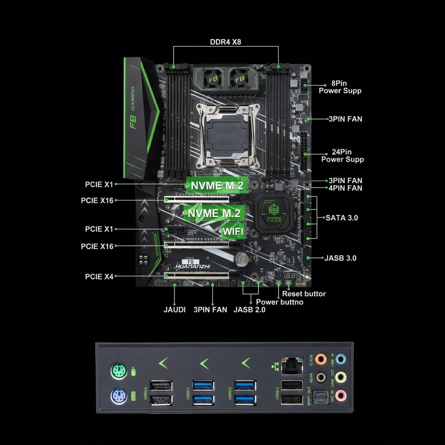 HUANANZHI X99 F8 Placa-mãe LGA2011-3 DDR4 2133MHz SATA3.0 8CH Audio Desktop Motherboard High Performance para Intel Xeon E5 V3V4