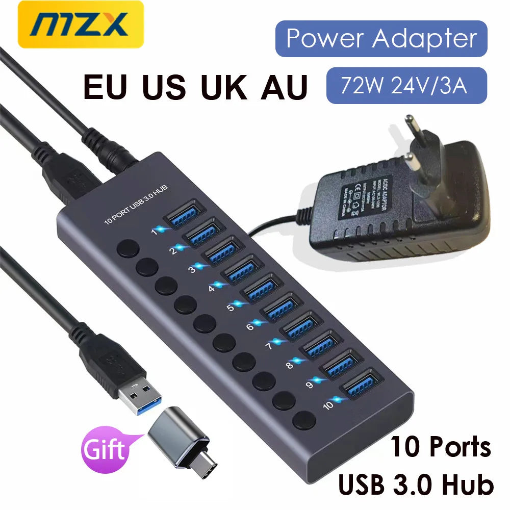 MZX 10/7/4-Port USB 3.0 A Hub Aluminum Multi-Hub Splitter Concentrator Extensior Dock Switch Adapter for PC Laptop Accessories