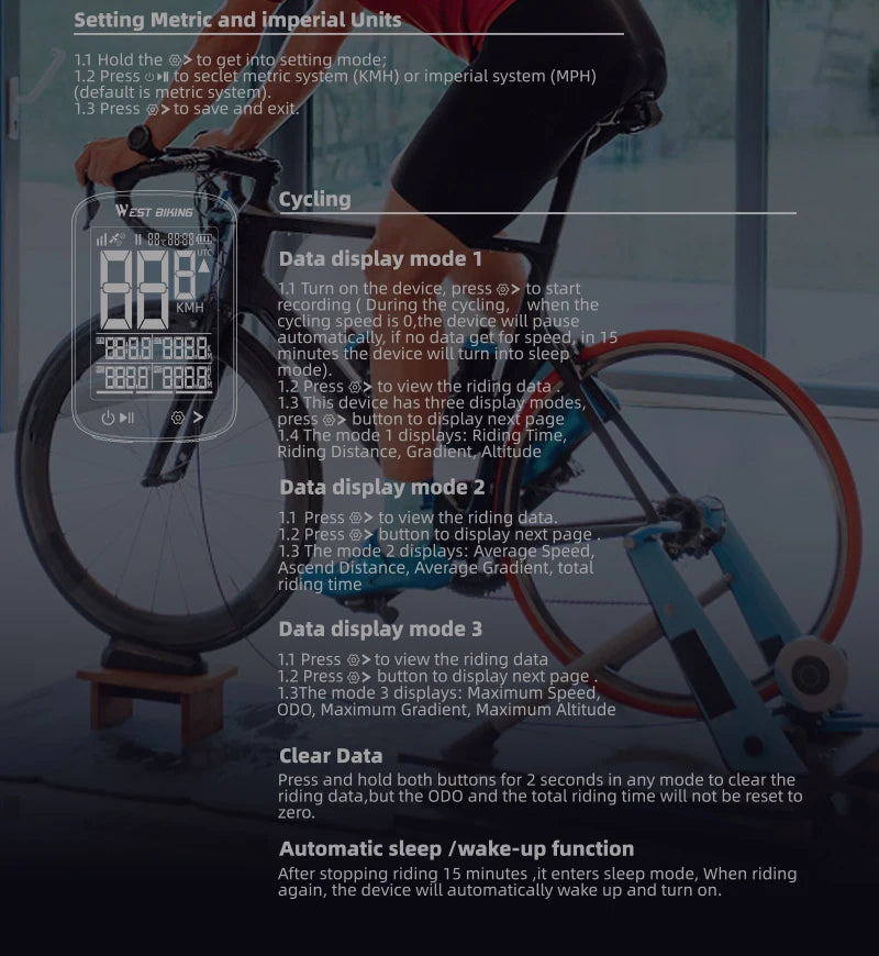 WEST BIKING Intelligent GPS Bicycle Computer Large Screen Wireless Cycling Speedometer IPX7 Waterproof Lightweight Bike Odometer