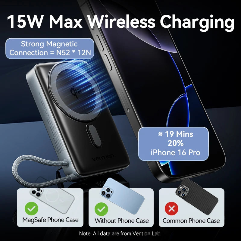 Vention Qi2 Magnetic 10000mAh 15W Power Bank PD 35W with Built-in C Cable Qi2-Certified for iPhone 17 Magsafe Charger Powerbank