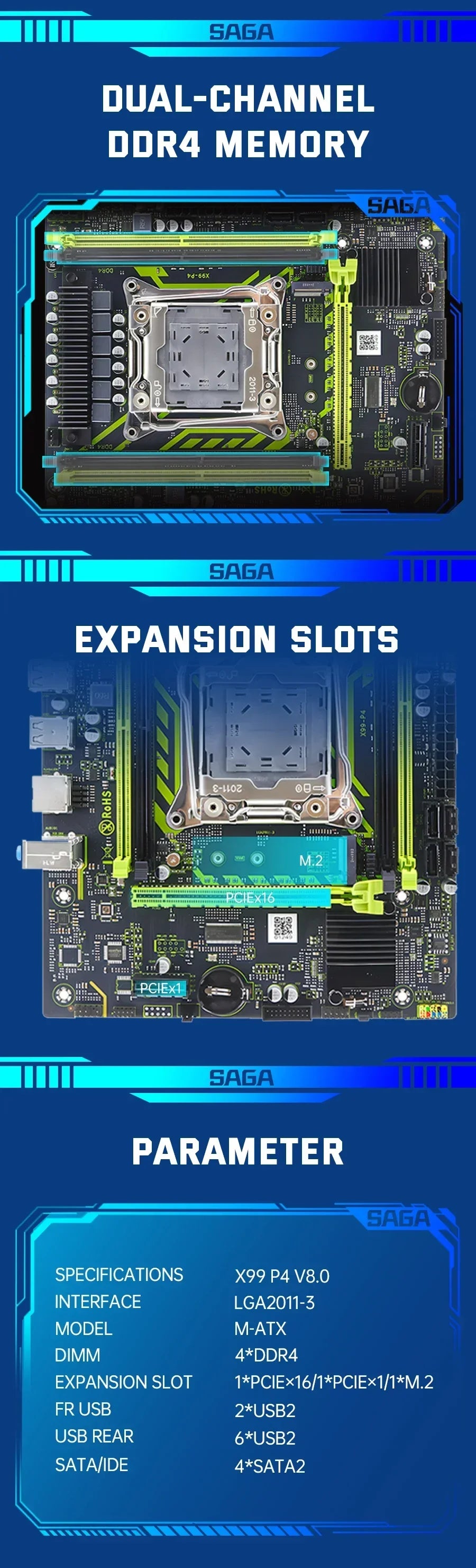SOYO X99 Gaming Motherboard USB3.0 M.2 Nvme Sata 3 Dual Channel DDR4 Memory PCIEx16 LGA2011 for Desktop Computer Combo