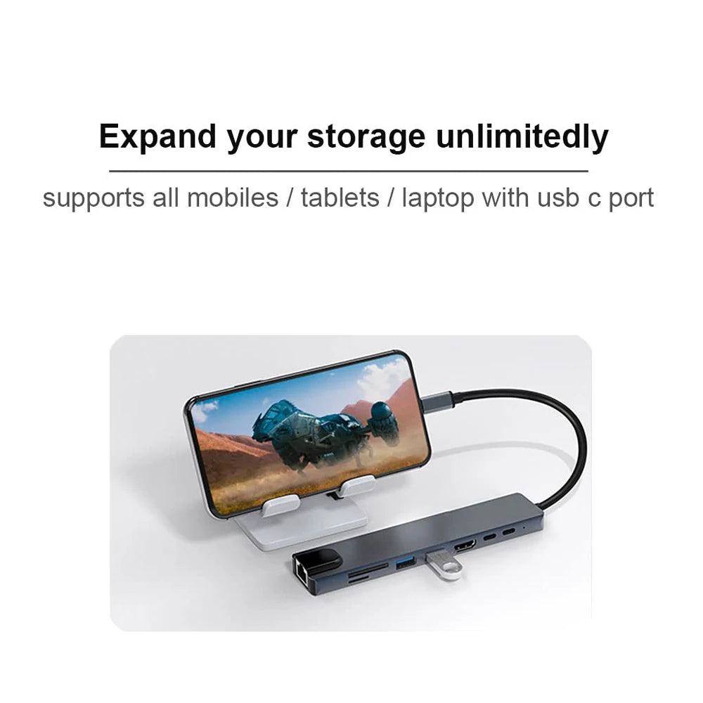 USB C Hub 8-in-1 Notebook Computer Multi-Port Adapter, 4K HD, PD, USB 3.0, RJ45, SD/TF, suitable for MacBook laptops