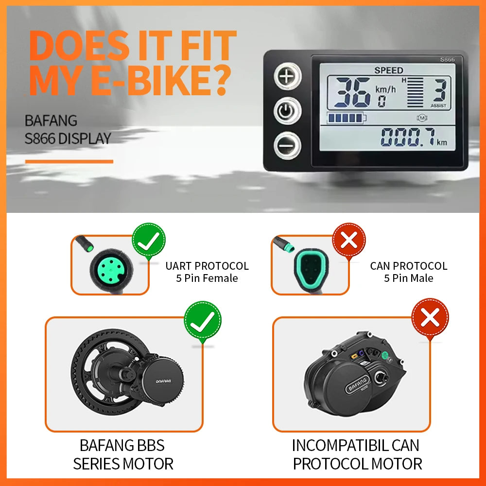 E-bike Bafang LED S866 Display for BBS01/BB02/BBSHD Bafang Mid Motor with 5 Pin Female Plug for Electric Bicycle Conversion