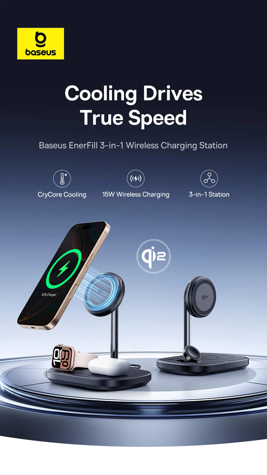 Baseus 22.5W 3-in-1 Wireless Charger Stand Qi2 15W Magnetic Fast Charging TEC Cooling For iPhone 16 15 14 AirPods Apple Watch
