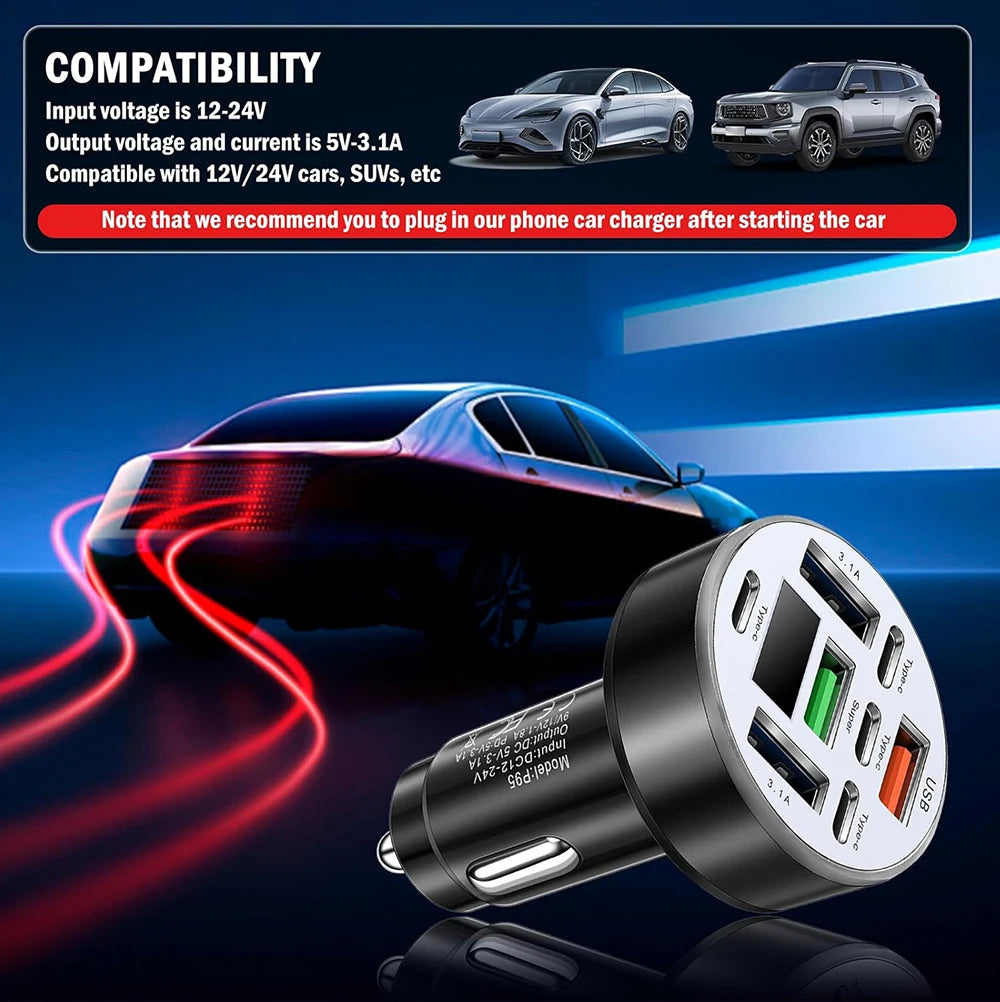 UYUXIO Multi Port USB C Car Charger Adapter 8 in 1 with Voltage Display Iight QC 4.0 PPS Super Fast Charge with Volt Meter