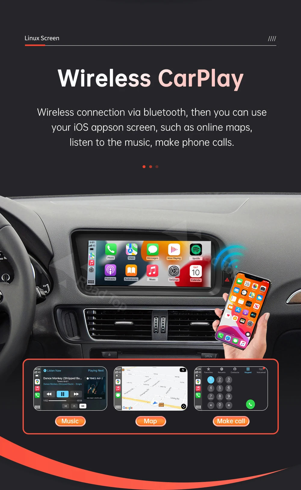 1920*720 RoadTop Linux Touch Screen Multimedia Display For Audi Q5 2009-2017 With Wireless CarPlay Android Auto Airplay Autolink