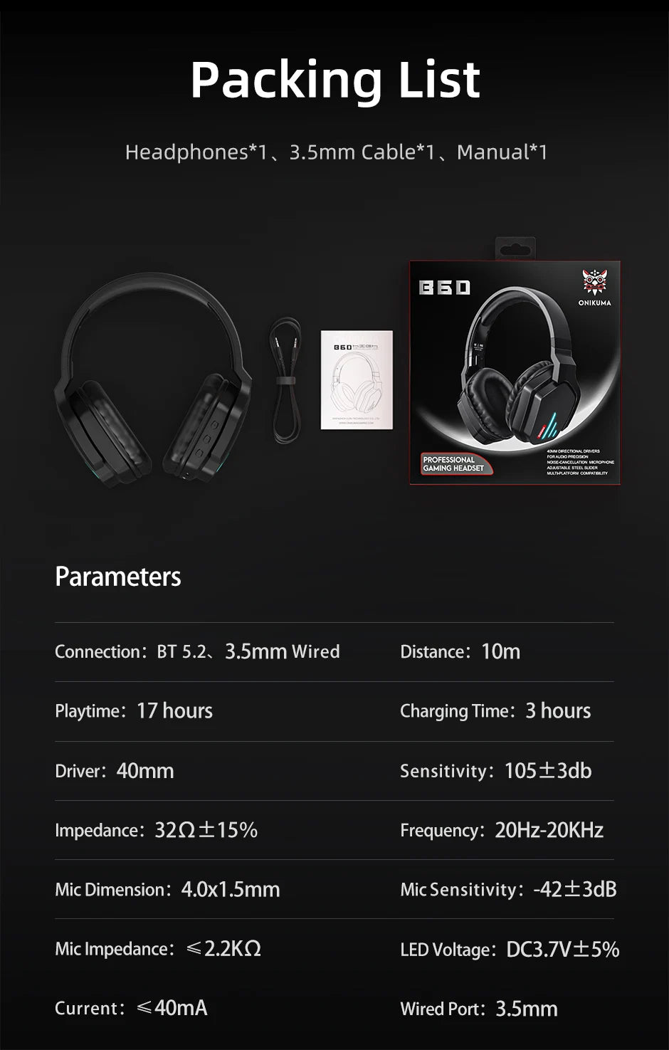 ONIKUMA Wireless Gaming HeadsetNoise Cancelling Earphone Headset Gaming Headphone With Microphone RGB B60  For PS5 PS4 PC Mac
