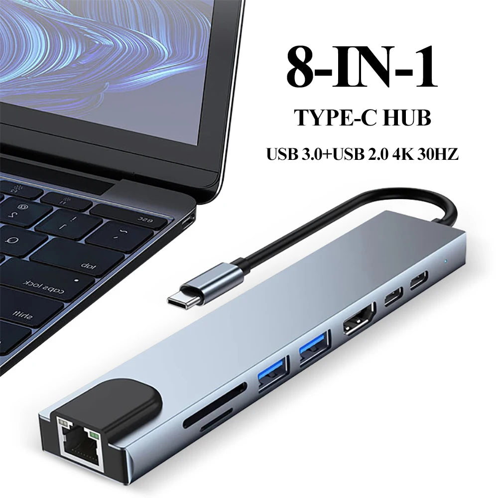 USB C Hub 8-in-1 Notebook Computer Multi-Port Adapter, 4K HD, PD, USB 3.0, RJ45, SD/TF, suitable for MacBook laptops