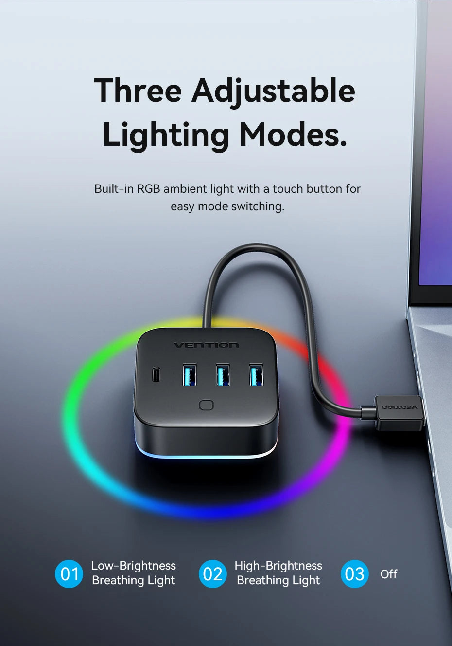 Vention USB A 3.0 HUB RGB Light Switch USB C 3.2 Gen1 5Gbps Desktop Hub Adapter for PC Laptop Accessories USB Splitter Extender