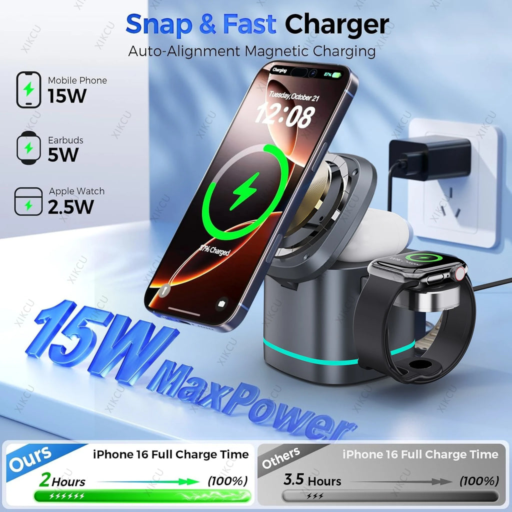 3 IN 1 15W Magnetic Wireless Charger Stand For Magsafe iPhone 17 16 Pro Max 15 14 13 12 Apple Watch 11 Airpods Pro Fast Charging