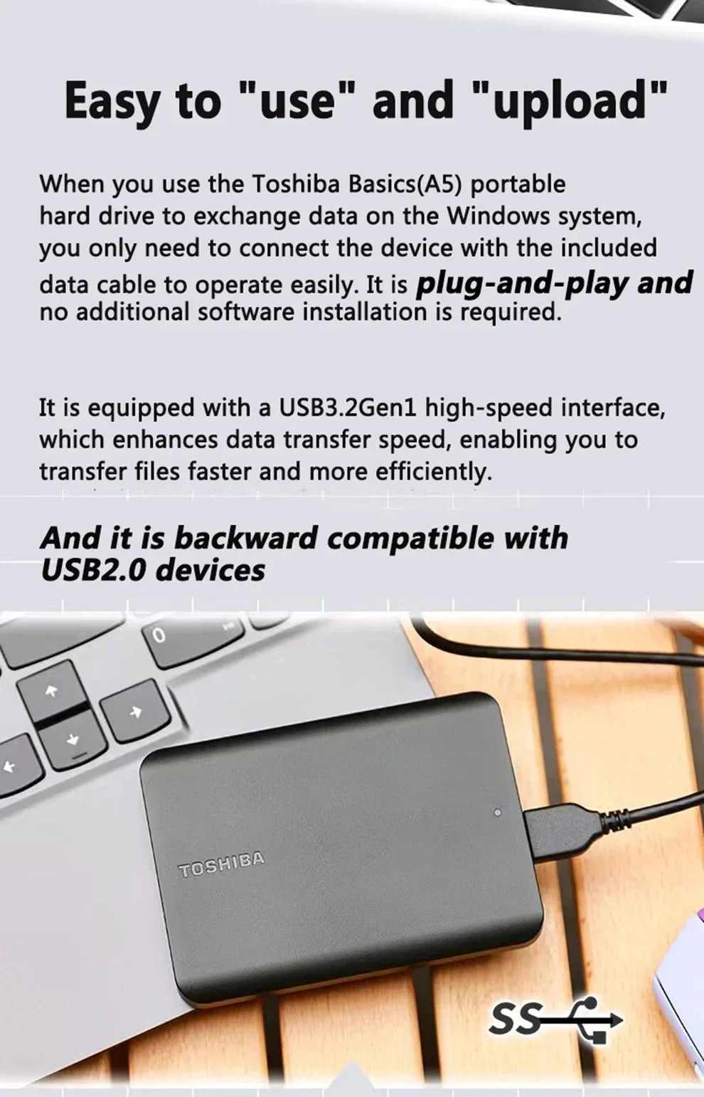 A3  A5 HDTB410YK3AA Canvio Basics For Toshiba 500GB 1TB 2TB Portable External Hard Drive USB 3.0, Black