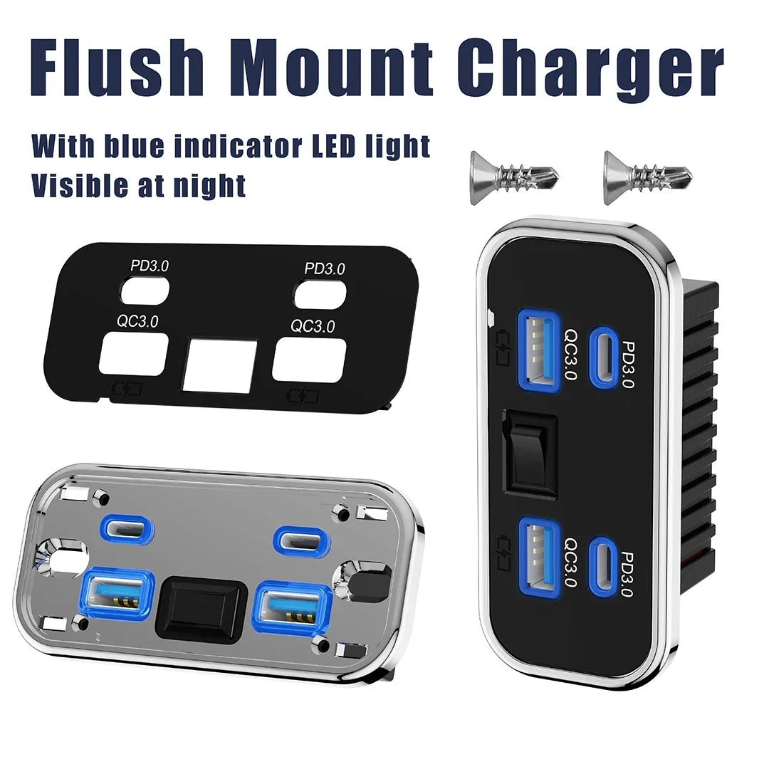 Car Charger Dual USB Type-C 4 Ports Quick Charging Socket QC3.0+PD3.0 Power Adapter For SUV RV Camping Bus Marine