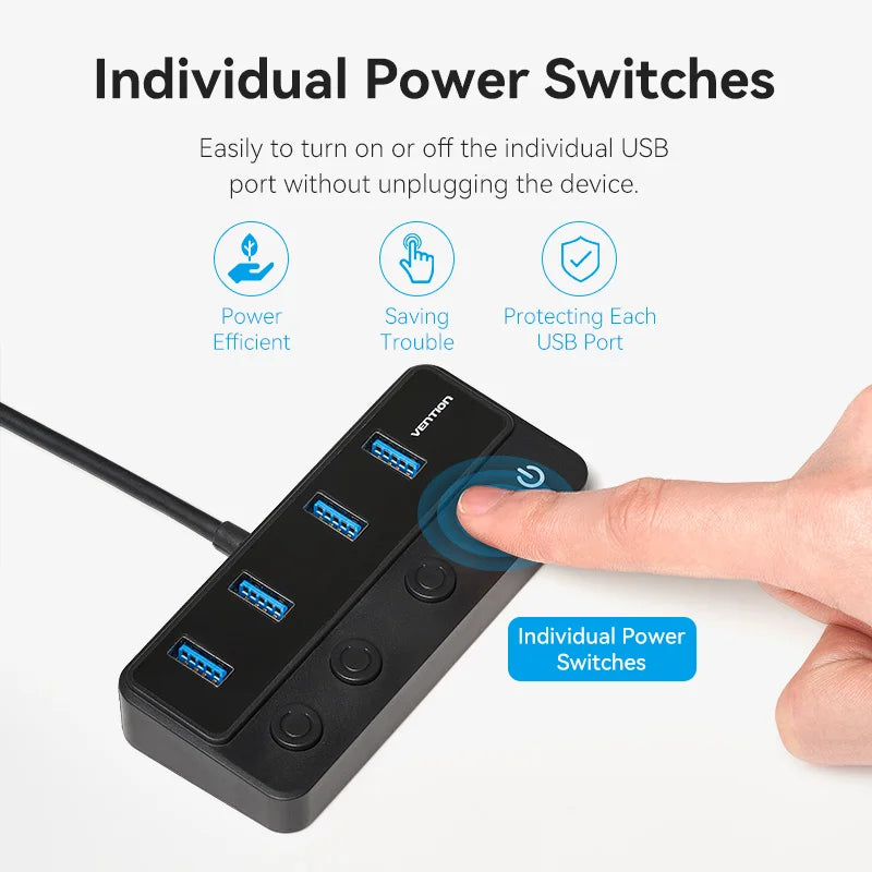 Vention USB A 3.0 HUB High Speed Multi 5Gbps OFF/ON Individual Switch LED Indicator Adapter for PC Laptop USB Ports Extender