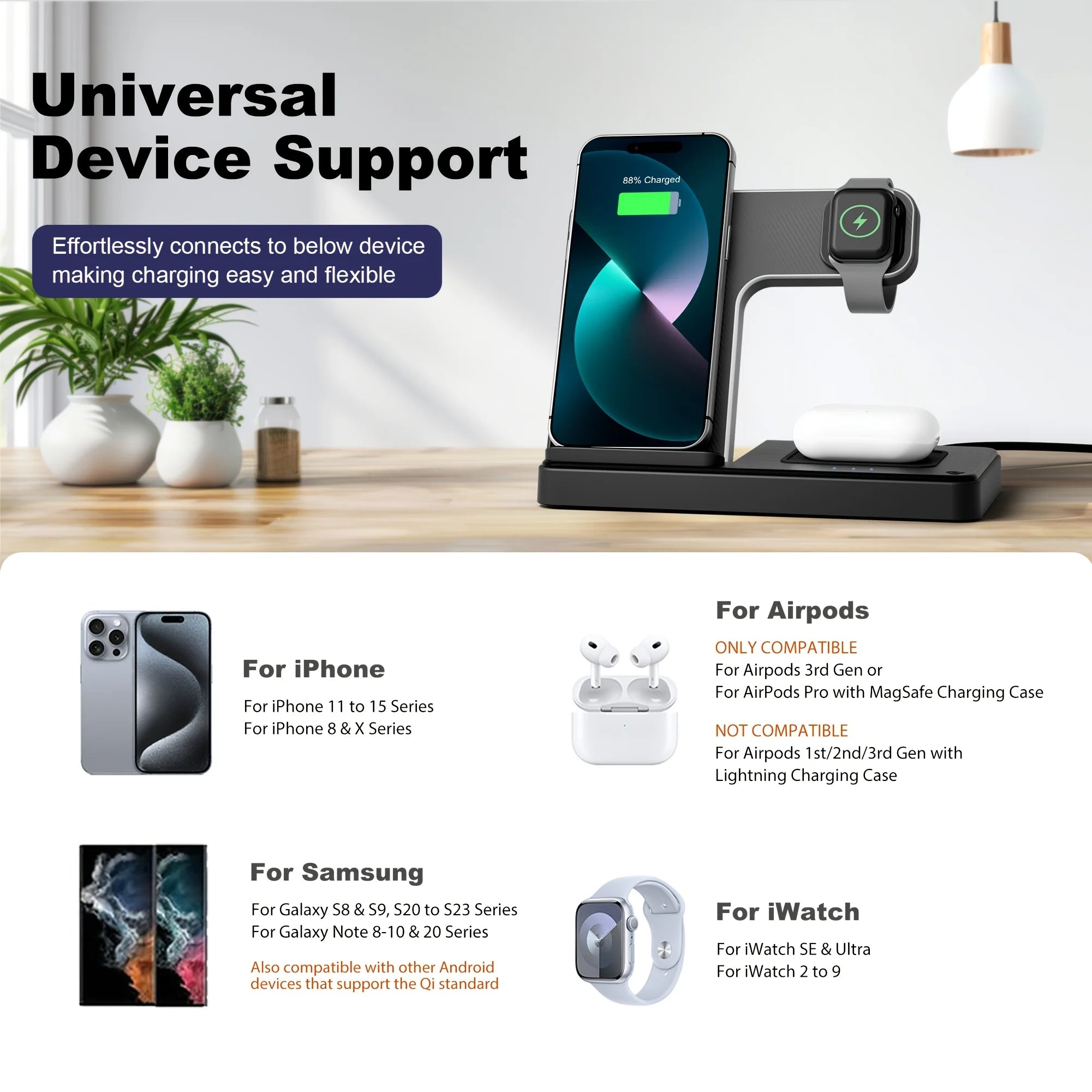 3 In 1 Magnetic Wireless Charger Stand 15W Fast Charging Dock Station Multiple Devices for iPhone 15 14 13 8 Apple Watch Airpods