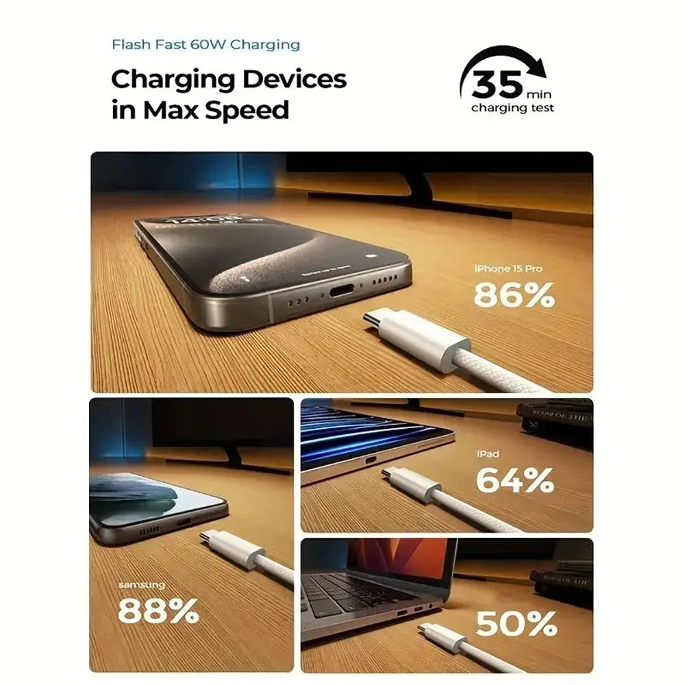 PD 60W USB C to USB Type C Cable Fast Charge Data Cable For Huawei Samsung Macbook iPad Data Line Type C To Type C