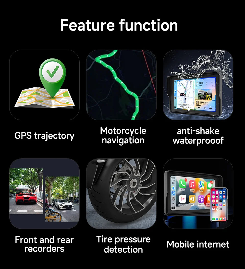 2024 Motorcycle GPS Navigation 2K HD Recorder Wireless CarPlay Android Auto Multimedia Player IP67 Waterproof Screen Bluetooth