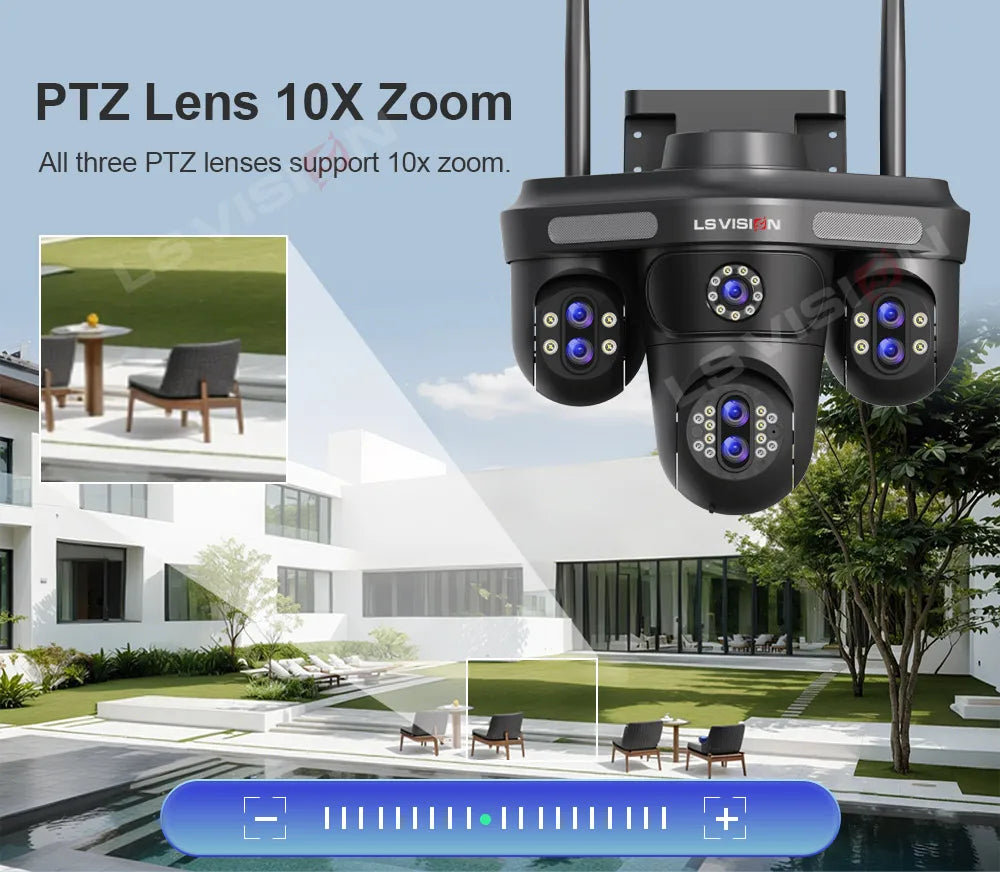 LS VISION 35MP 10X Zoom Four Screens WiFi IP Camera Wireless Outdoor Seven Lens Three PTZ Camera Auto Tracking Security Camera