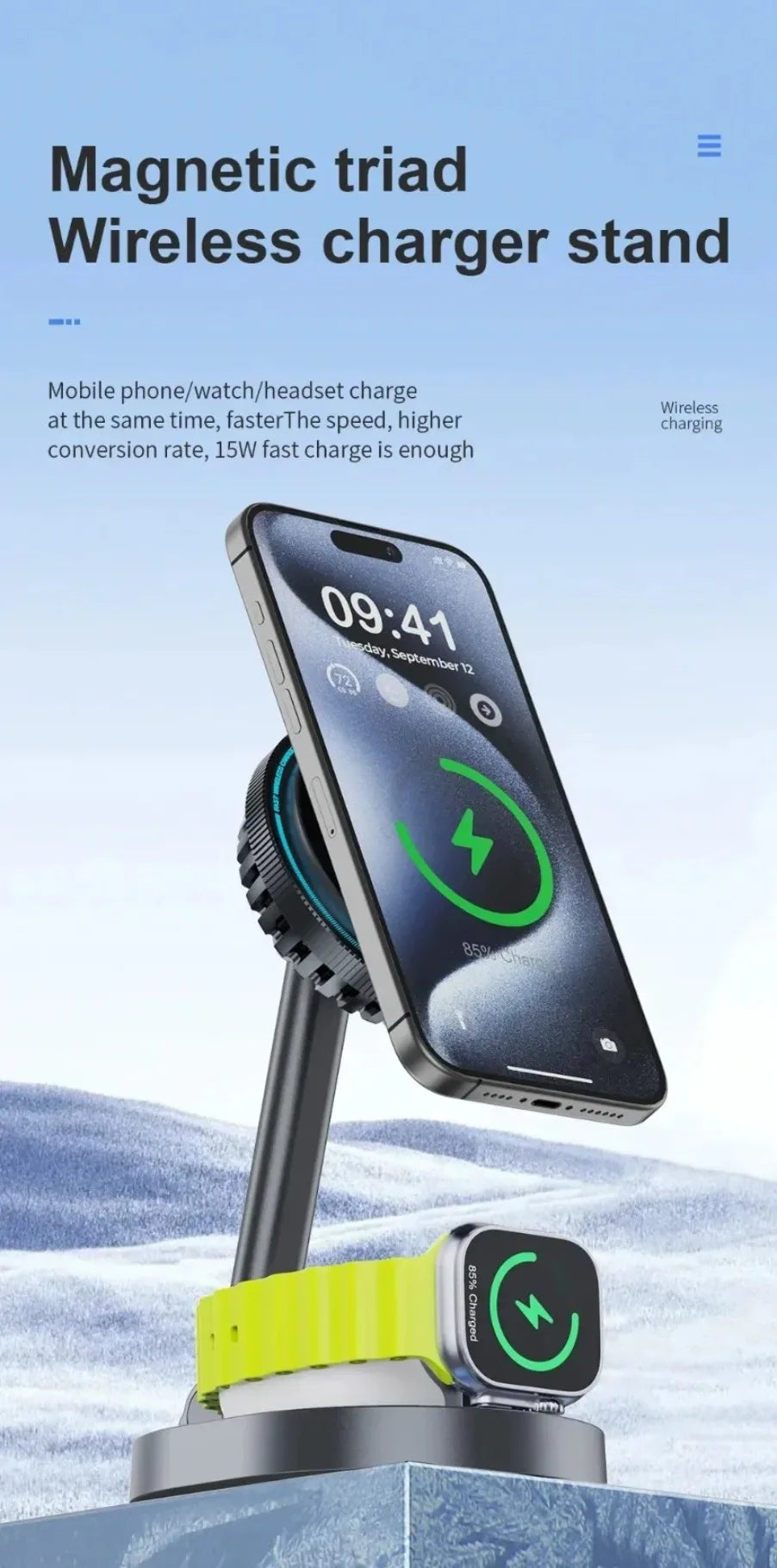 VIKEFON 3 in 1 qi2 Ice Cooling Magnetic Wireless Charger For Magsafe iPhone 16-12 Apple Watch 9 8 7 AirPods Pro2 Fast Charging