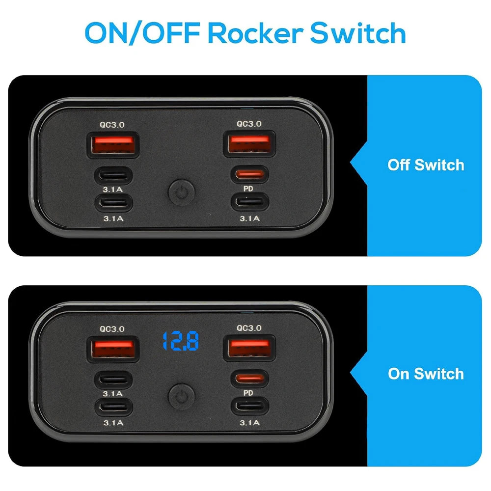 Dual Qc3.0 Pd Type C Dual Usb Fast Charger 3.1A Fast Charging with Switch 6-Port Power Panel for Bus Atv Car Truck Marine