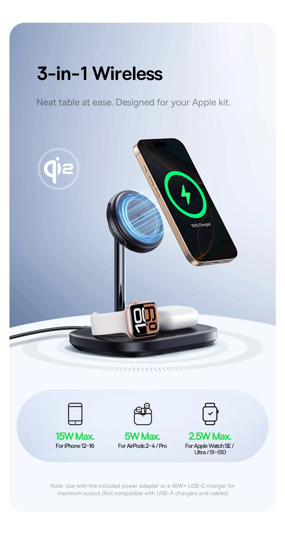 Baseus 22.5W 3-in-1 Wireless Charger Stand Qi2 15W Magnetic Fast Charging TEC Cooling For iPhone 16 15 14 AirPods Apple Watch