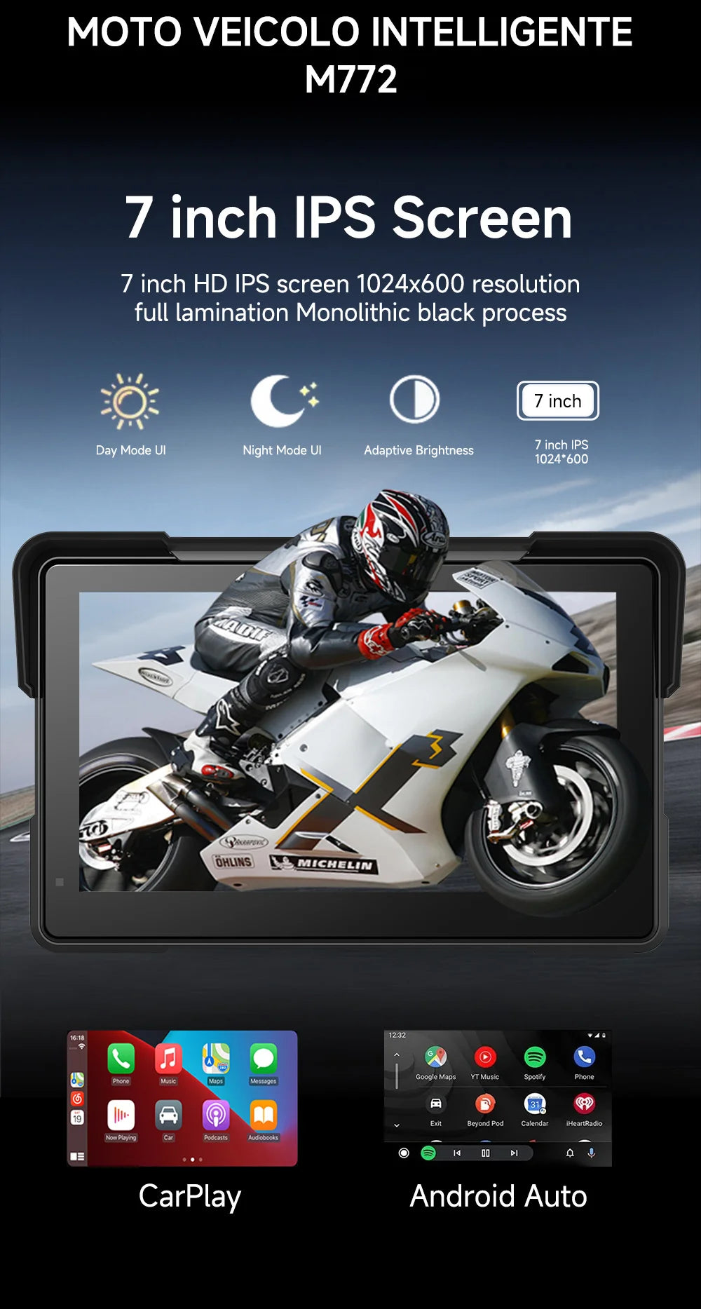 2024 Motorcycle GPS Navigation 2K HD Recorder Wireless CarPlay Android Auto Multimedia Player IP67 Waterproof Screen Bluetooth