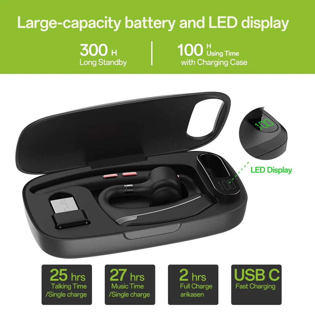 Bluetooth Headset, Wireless Earpiece with Upgrade Noise Canceling Mic,100H Talking Time,Hand-Free Headphones with Mute Button