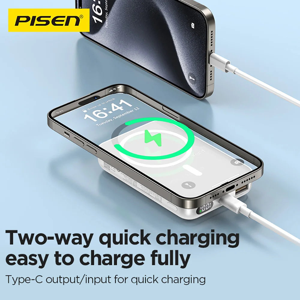 PISEN 10000mAh 20W Portable Magnetic Power Bank Wired/Wireless Combination LED Digital Display for iPhone Samsung Huawei Xiaomi