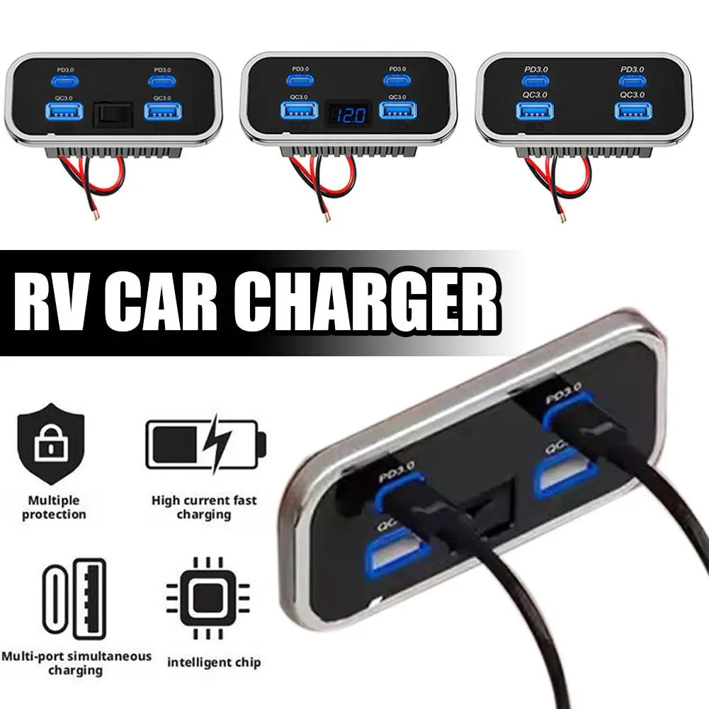 Car Charger Dual USB Type-C 4 Ports Quick Charging Socket QC3.0+PD3.0 Power Adapter For SUV RV Camping Bus Marine