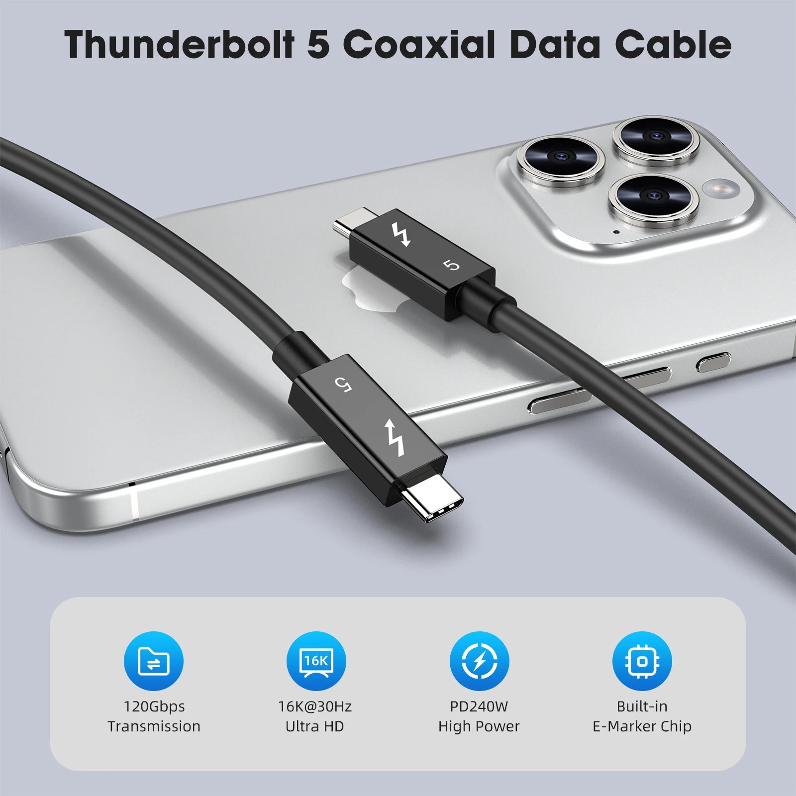120Gbps Thunderbolt 5 Data Cable 240W 16K Compatible with Thunderbolt 4 USB4 Full-featured Transmission Fast Charging